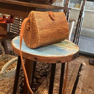 Brown Rattan Crossbody Bag with Leather Strap